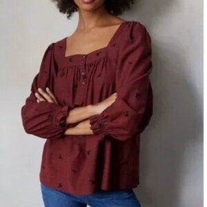 Lauren Conrad Peasant Top Womens M Red Embroidered Square Neck Boho